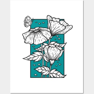 Vintage black and white flower doodle with butterfly Posters and Art